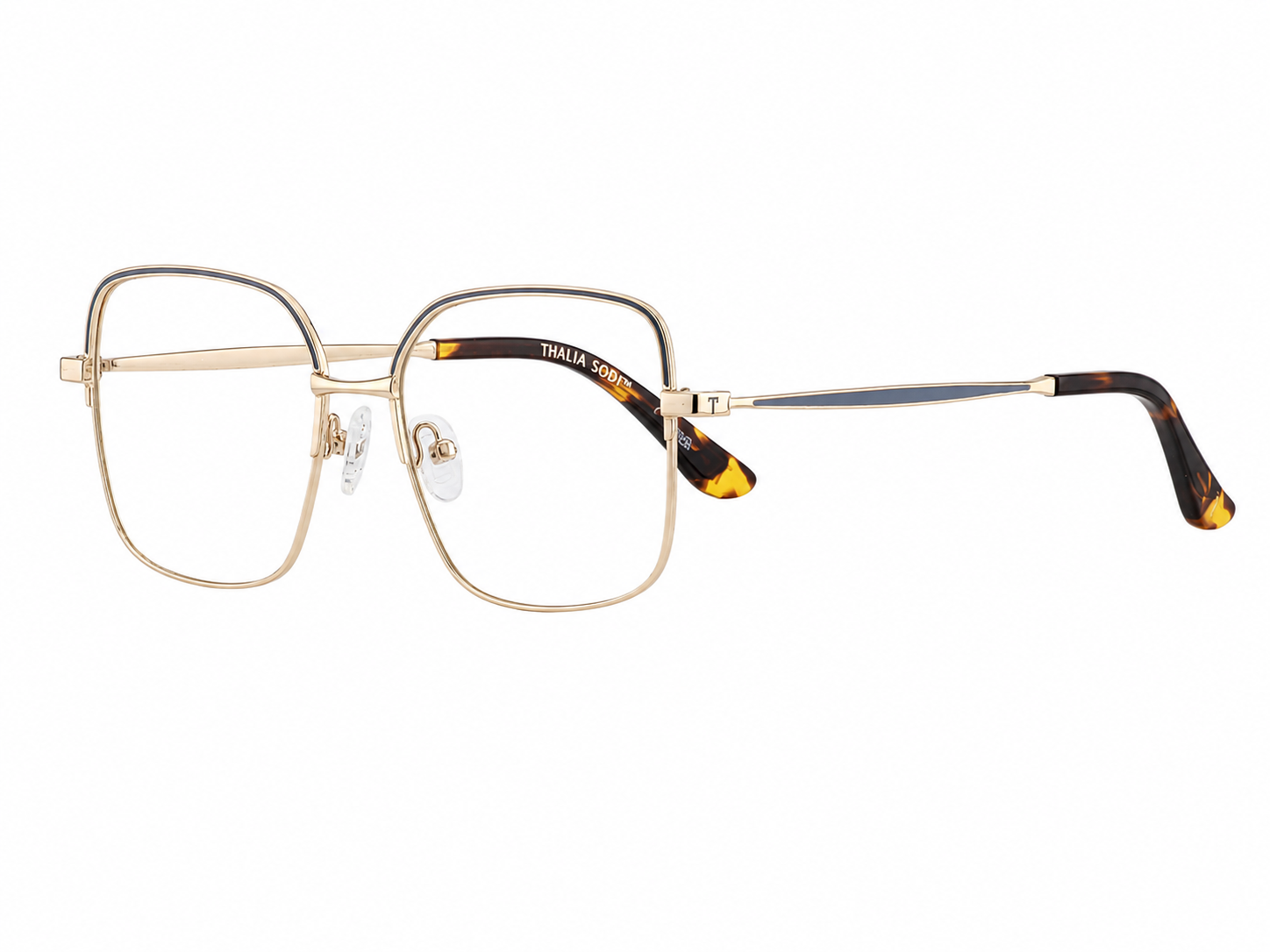 TS-44 C1 · vista diagonal derecha · Azul marino, dorado y carey · Thalia Sodi Eyewear