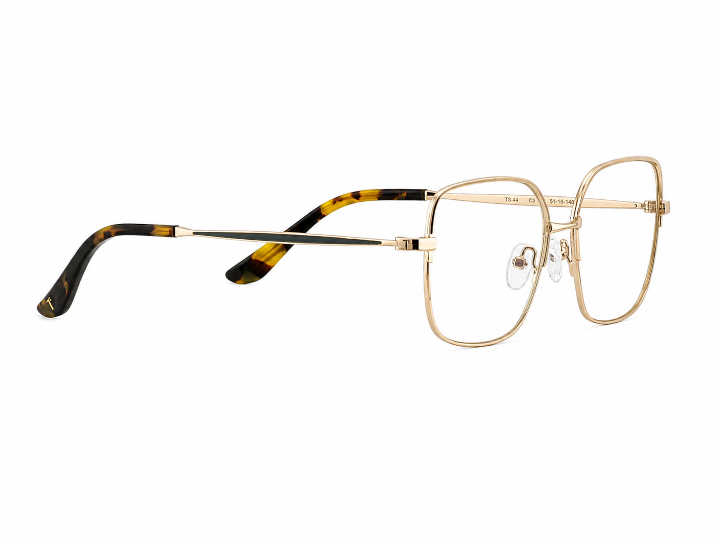 TS-44 C3 · vista diagonal izquierda · Negro, dorado y carey ámbar · Thalia Sodi Eyewear