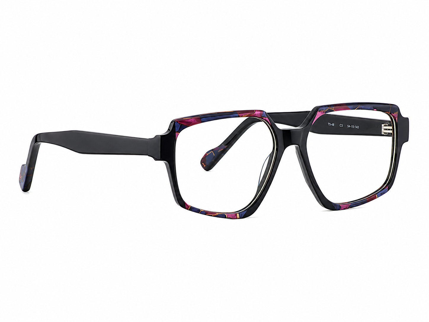 TS-48 C3 · left-angle view · Black, blue and fuchsia pattern · Thalia Sodi Eyewear