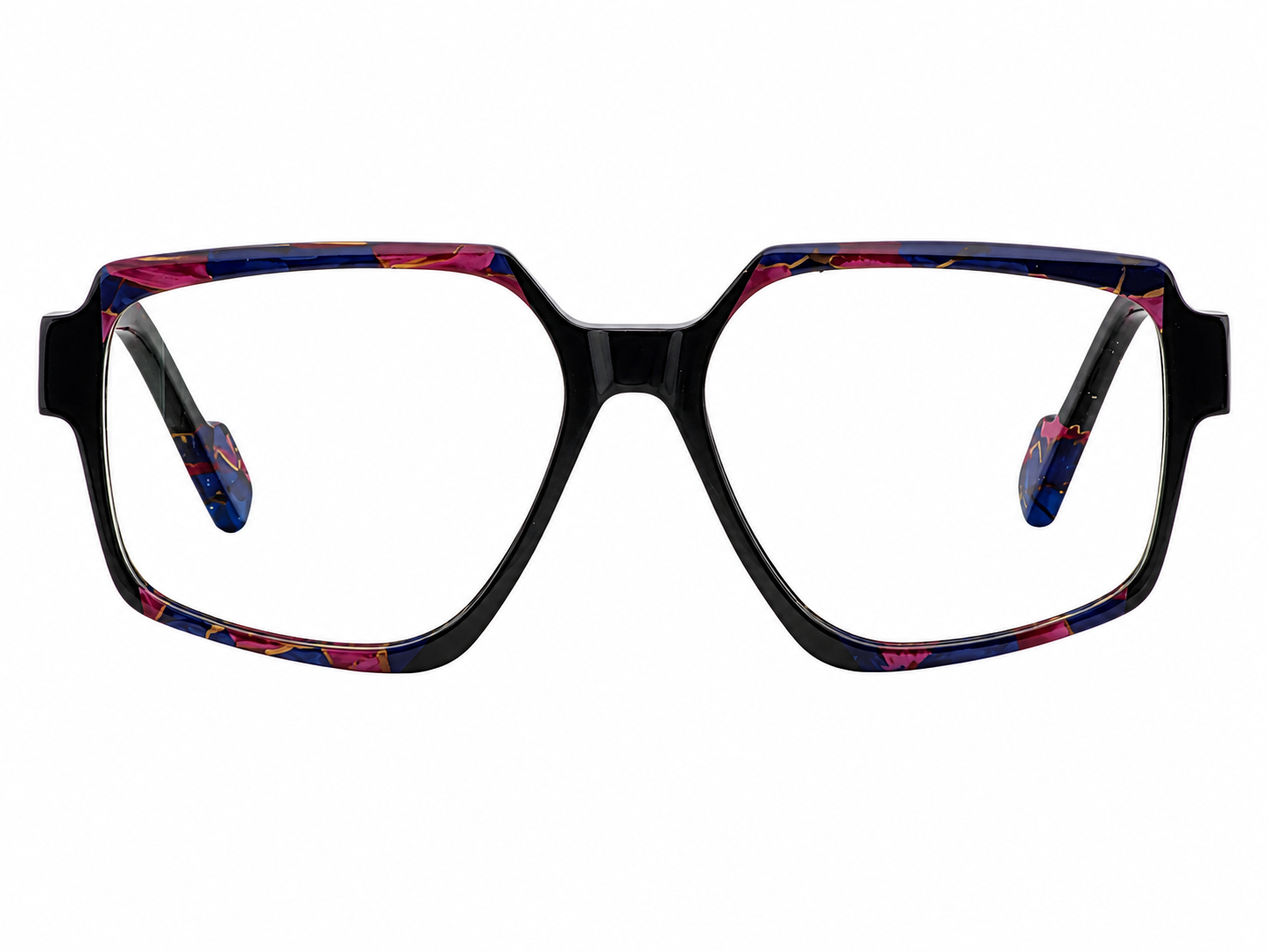 TS-48 C3 · vista frontal · Negro, azul y fucsia estampado · Thalia Sodi Eyewear